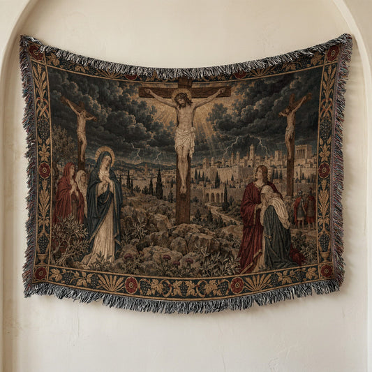 CalmNestStyle Crucifixion at Calvary jacquard woven blanket