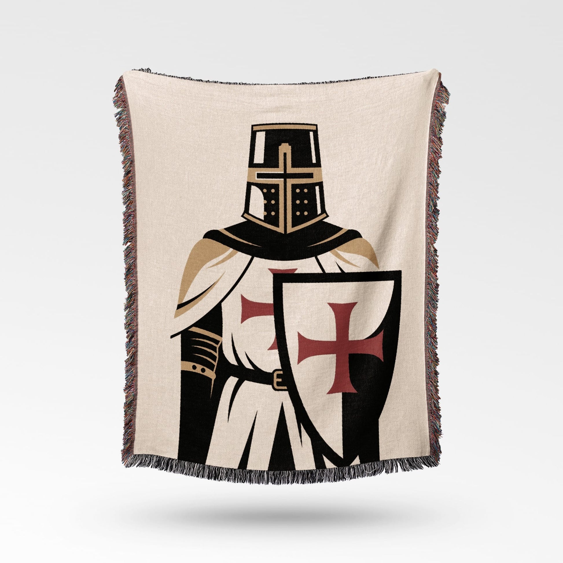 Tapestry blanket with a Crusader knight design and red cross shield.
