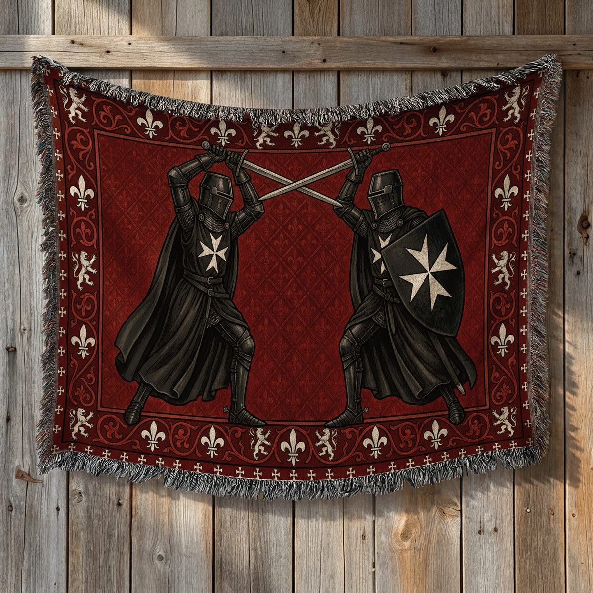 CalmNestStyle Black Knights Sword Duel on Red Damask Woven Blanket jacquard woven blanket