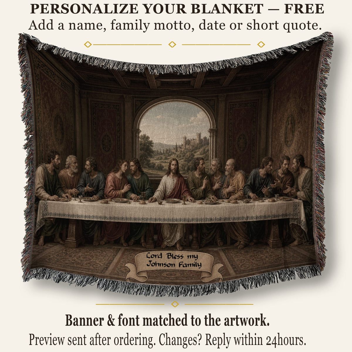 MyDesigns Last Supper Tapestry Blanket – Family Name Scroll, Woven Cotton Wall Hanging jacquard woven blanket