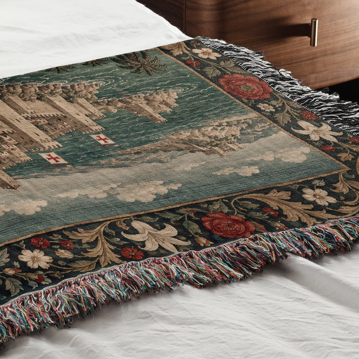 CalmNestStyle Harbor Fortress I Rose and Lily Border jacquard woven blanket