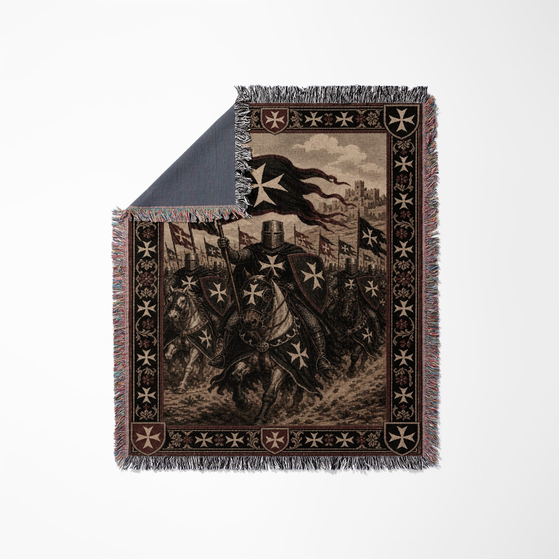 Knights Templar on horseback with flags, woven blanket detail.