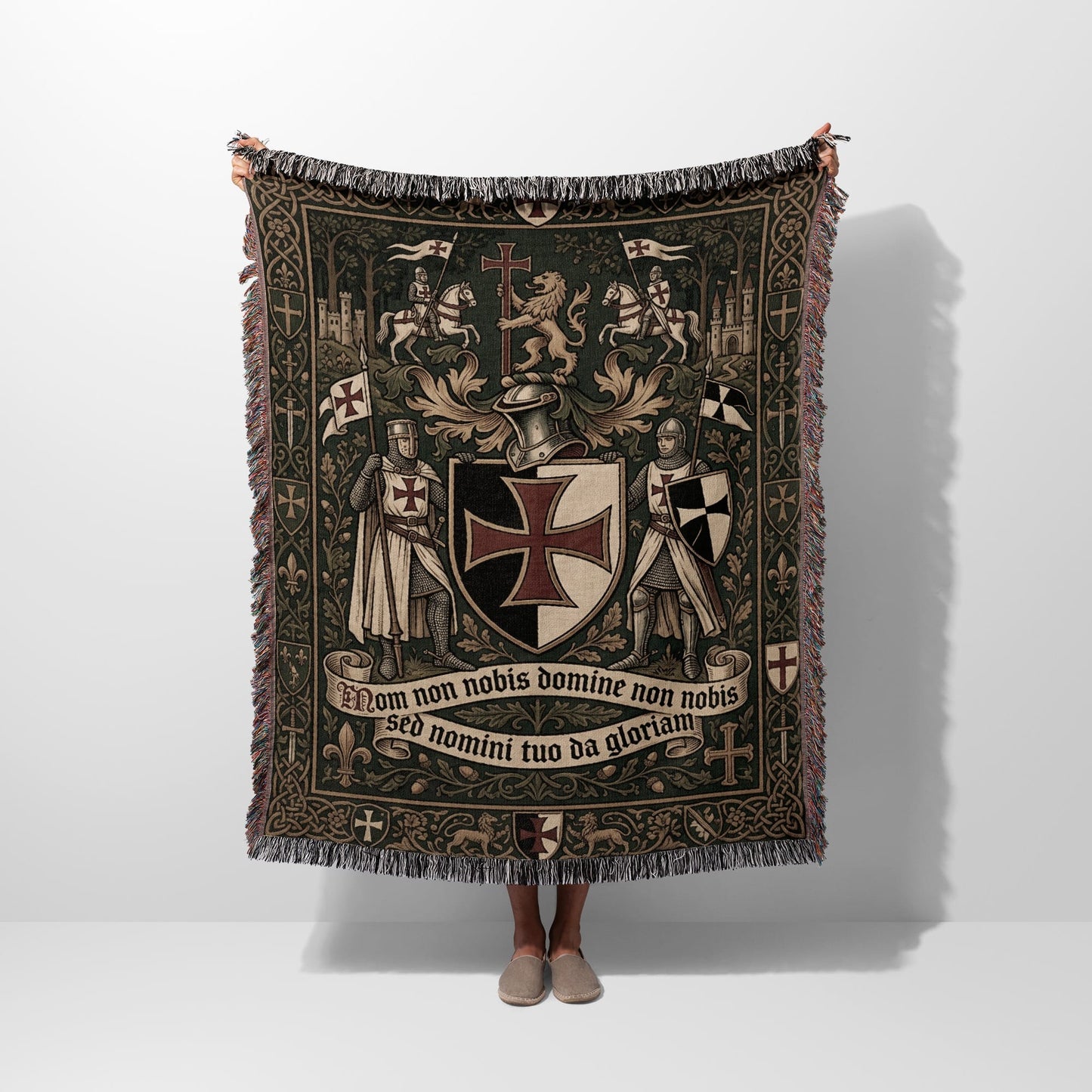 Tapestry with knights, lions, castles, and Latin inscription "Mom non nobis domine non nobis sed nomini tuo da gloriam".