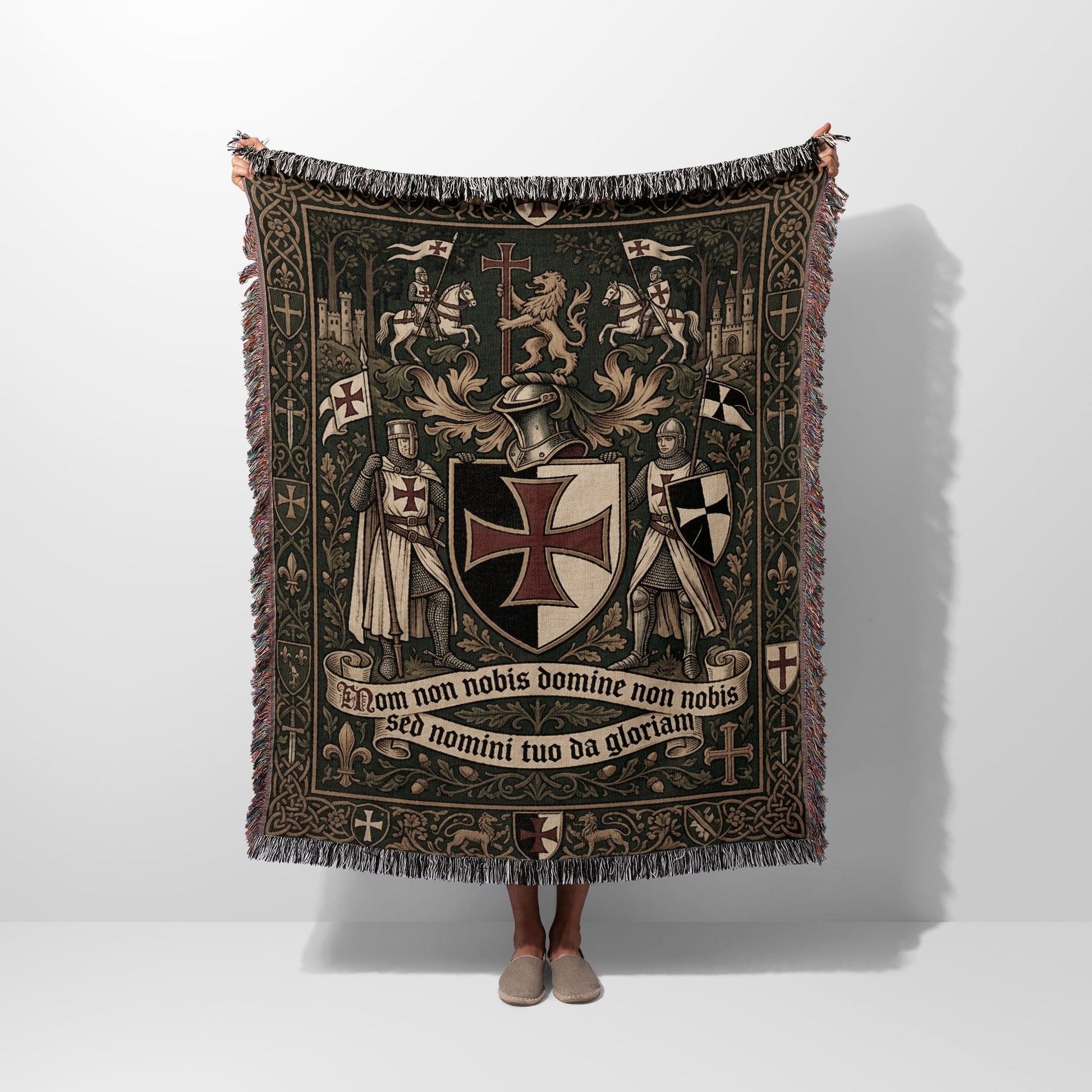 Tapestry with knights, lions, castles, and Latin inscription "Mom non nobis domine non nobis sed nomini tuo da gloriam".