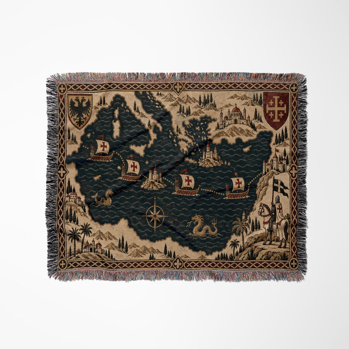 CalmNestStyle Crusader Sea Route Map I Eagle and Jerusalem Shields jacquard woven blanket