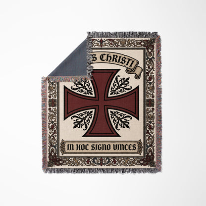 Tapestry with a red and black Templar cross and Latin text.