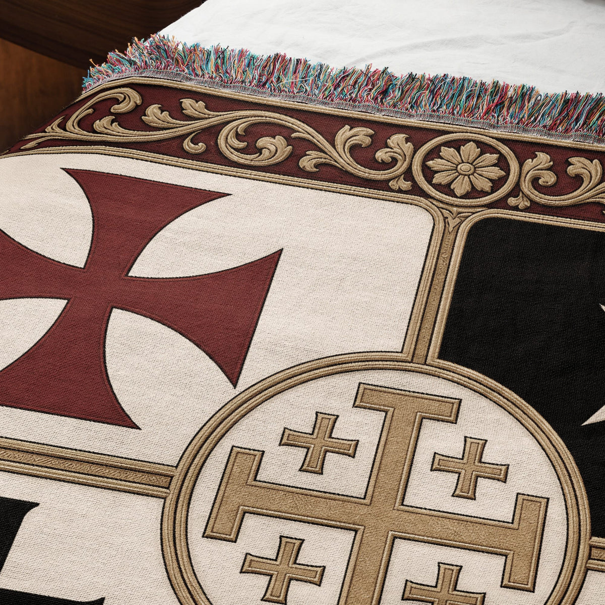 MyDesigns Medieval Wall Hanging – Santiago Templar Hospitaller Teutonic Woven Blanket, Acanthus Border jacquard woven blanket