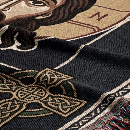 Woven throw blanket featuring a detailed portrait and Celtic knot design.