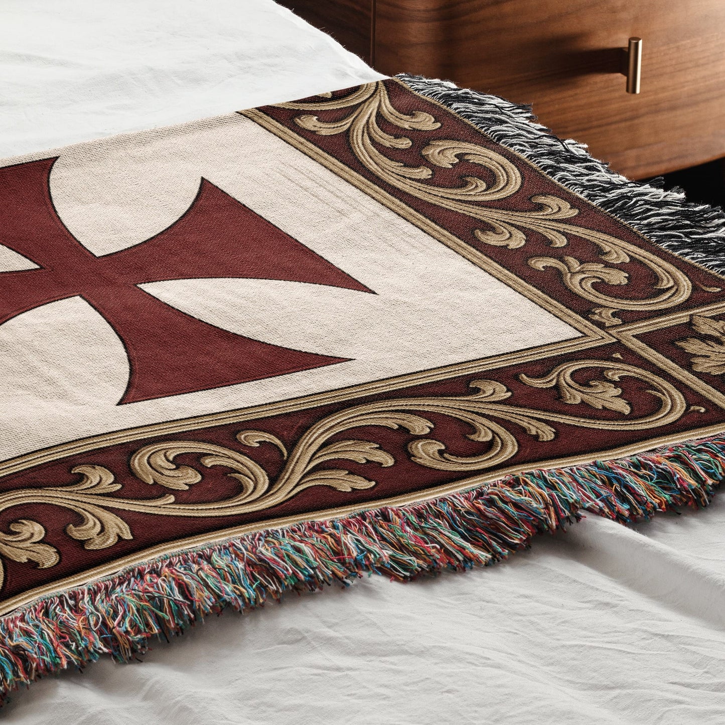 MyDesigns Medieval Wall Hanging – Santiago Templar Hospitaller Teutonic Woven Blanket, Acanthus Border jacquard woven blanket