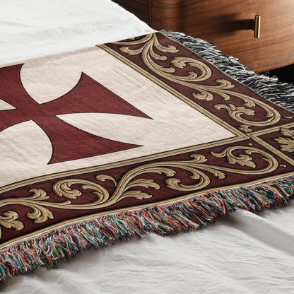 MyDesigns Medieval Wall Hanging – Santiago Templar Hospitaller Teutonic Woven Blanket, Acanthus Border jacquard woven blanket