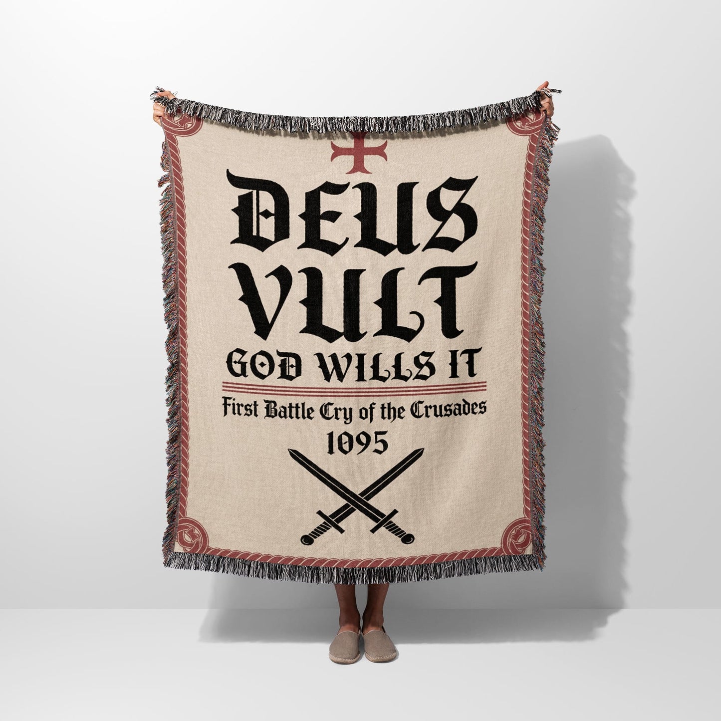 "Deus Vult God Wills It" blanket with crossed swords and date 1095.