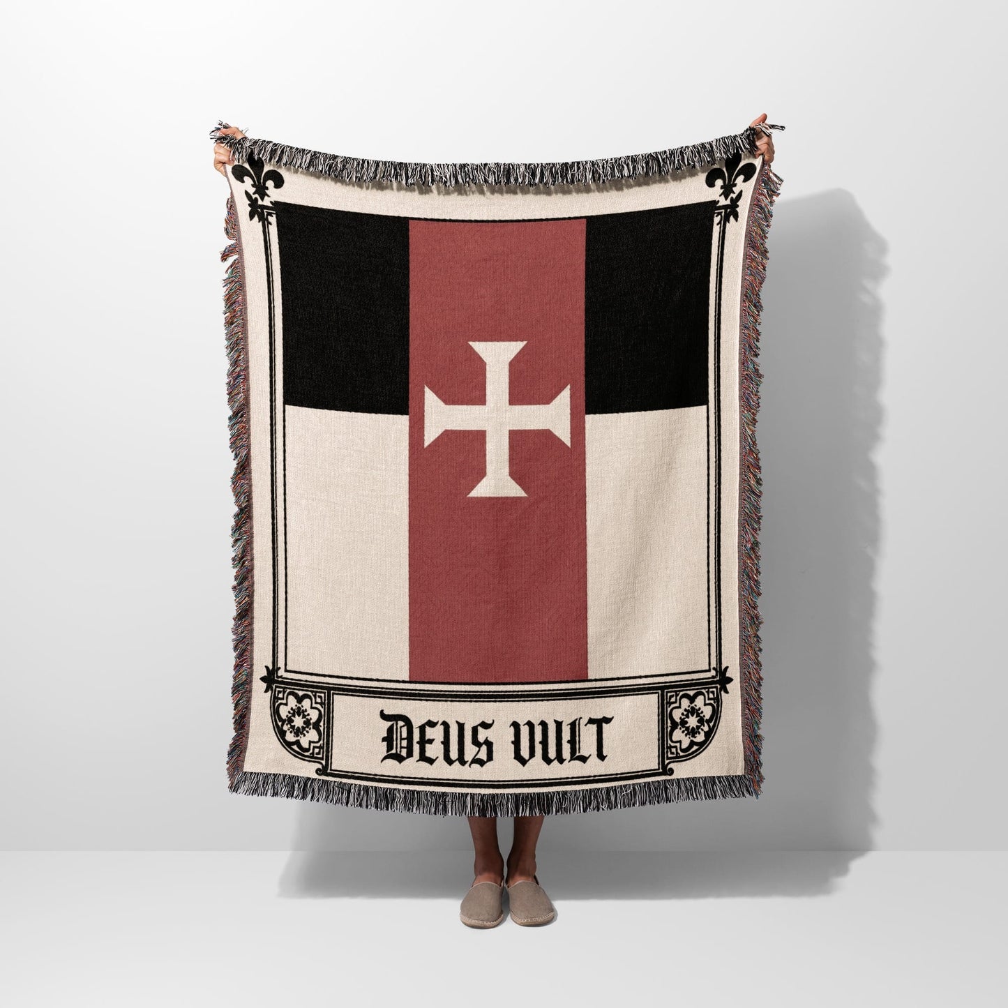Woven tapestry flag with white cross and "Deus Vult" text.