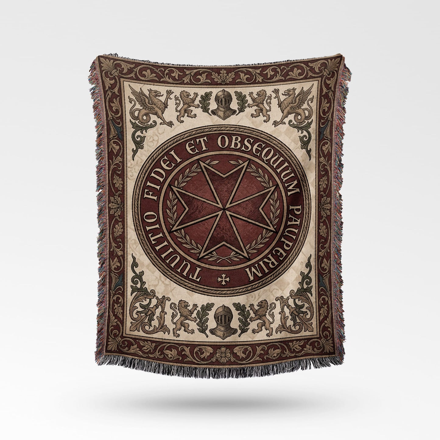 Fitted tapestry blanket with Maltese cross and Latin inscription.