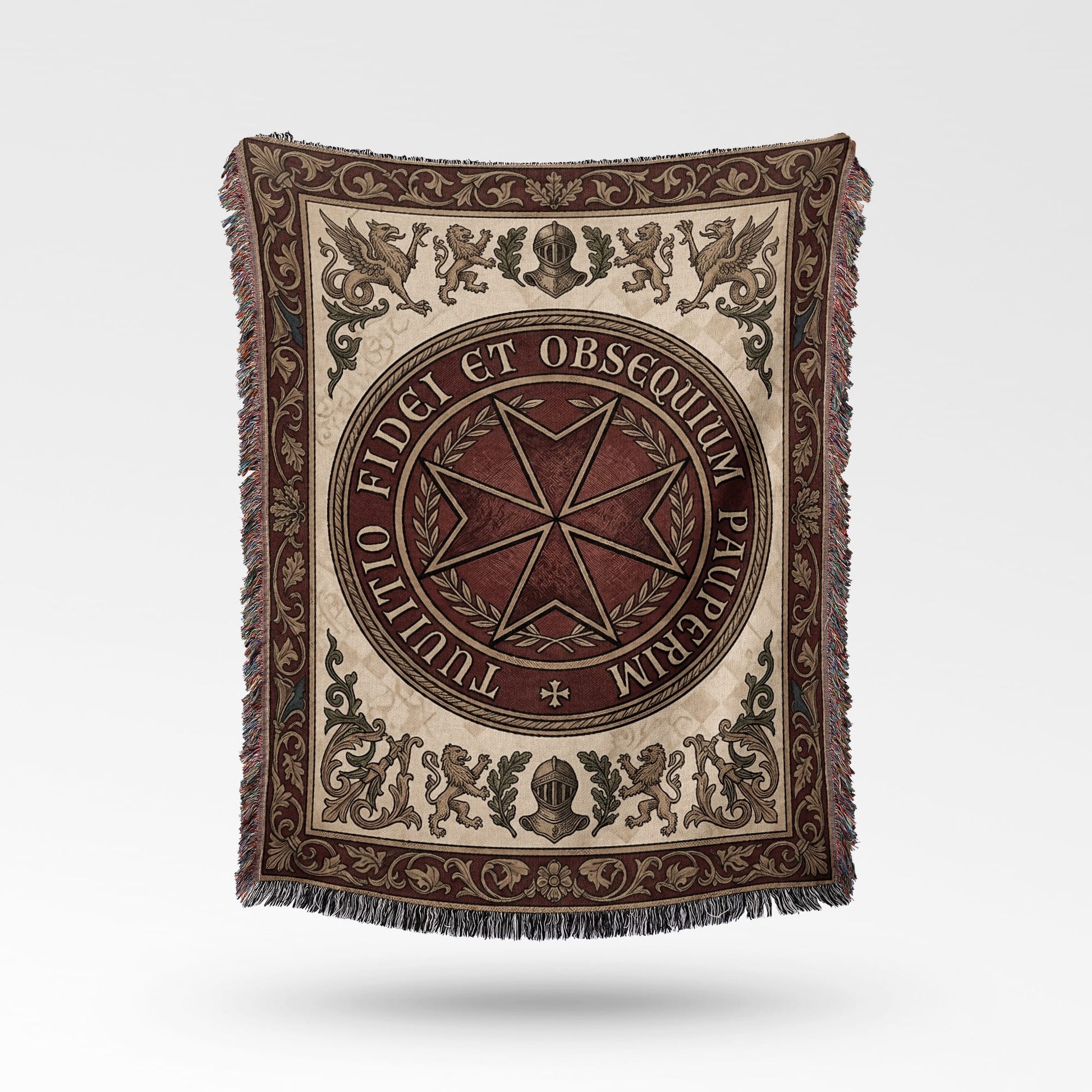 Fitted tapestry blanket with Maltese cross and Latin inscription.