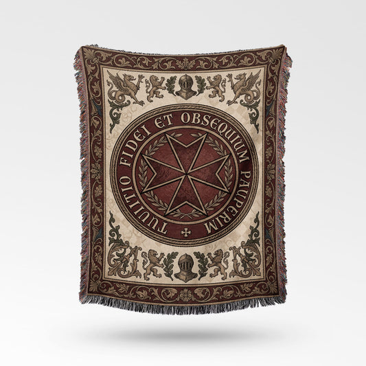 Fitted tapestry blanket with Maltese cross and Latin inscription.