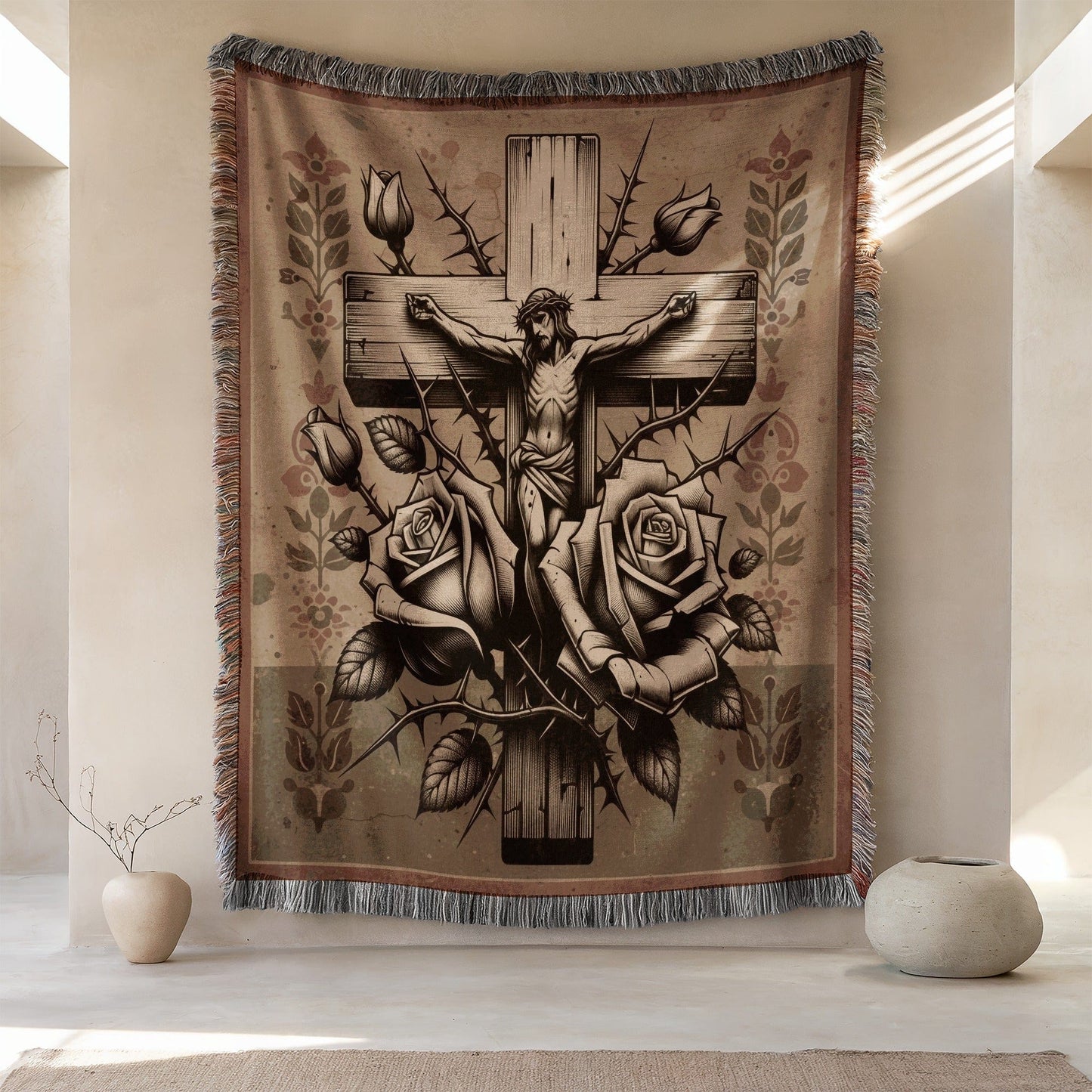 Artistic Crucifix with Rosary Motif Decorative Tapestry