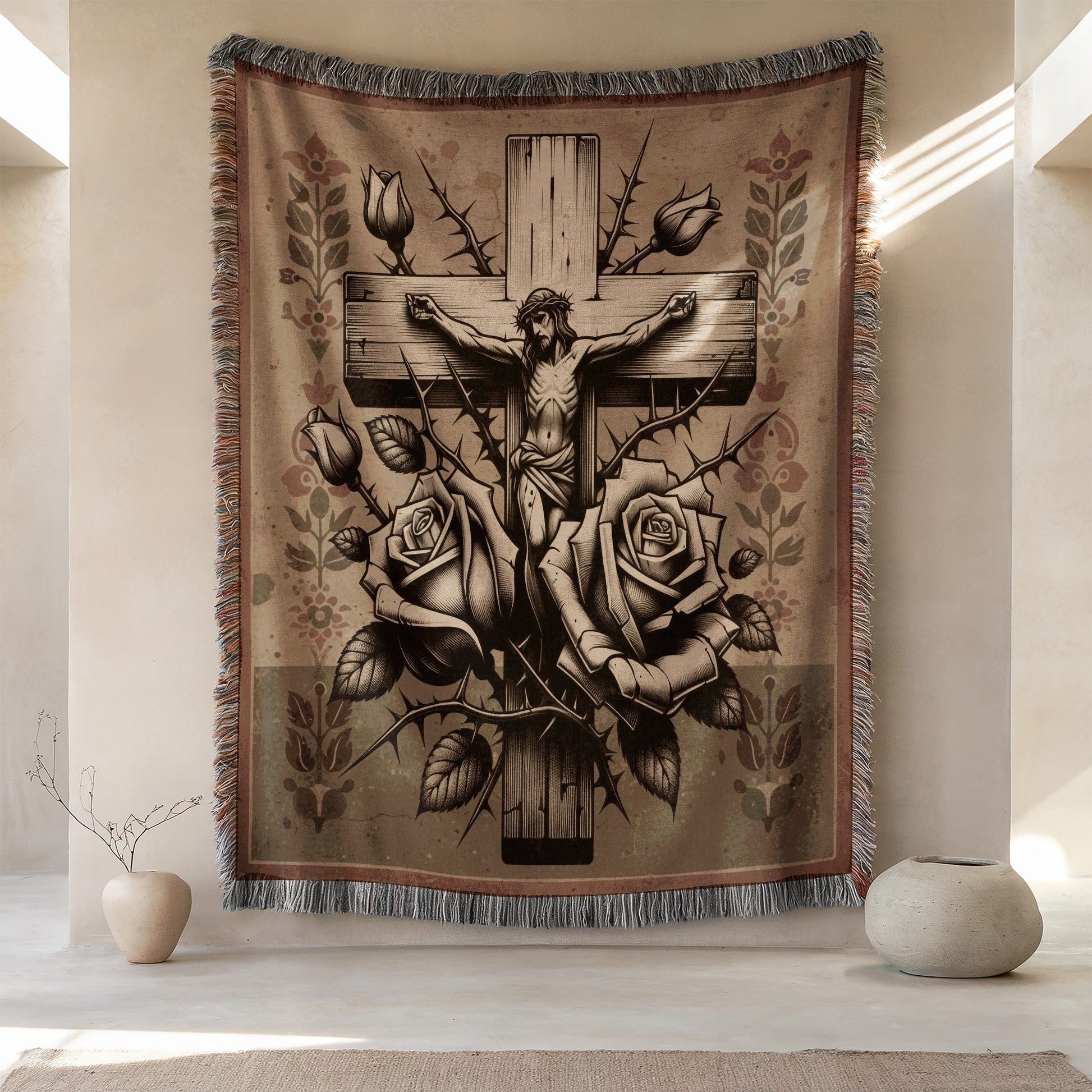 Artistic Crucifix with Rosary Motif Decorative Tapestry