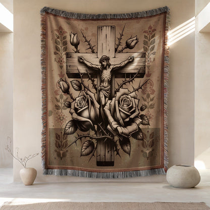 Artistic Crucifix with Rosary Motif Decorative Tapestry