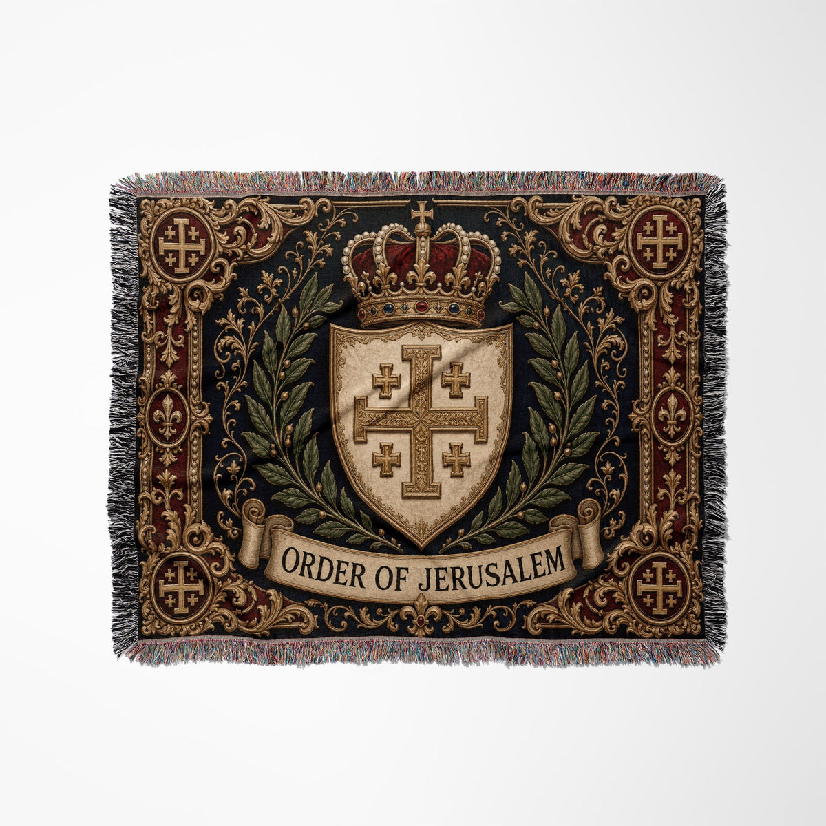 CalmNestStyle Order of Jerusalem Crest I Crimson Border jacquard woven blanket