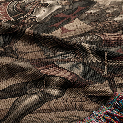 Woven tapestry depicting knights in armor with medieval combat scenes.