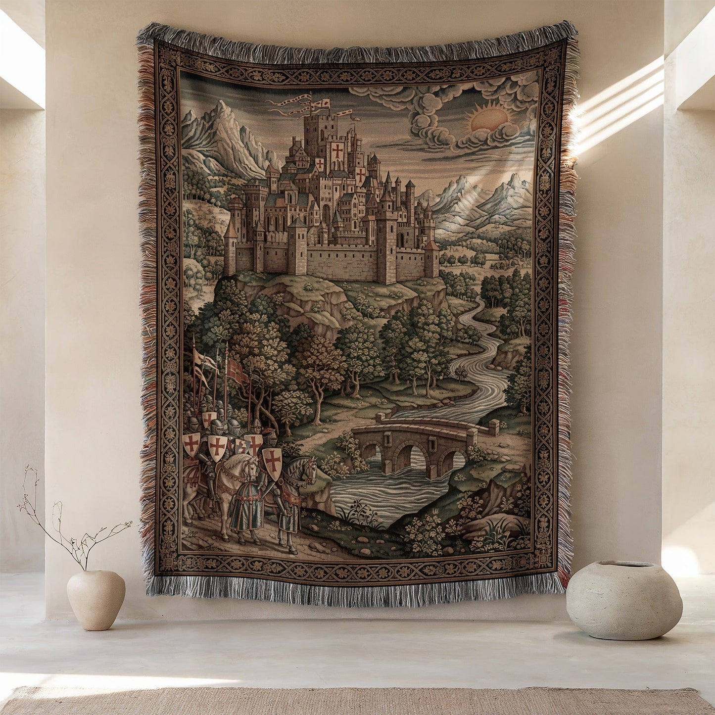 Medieval Castle Tapestry with Scenic Landscape Design