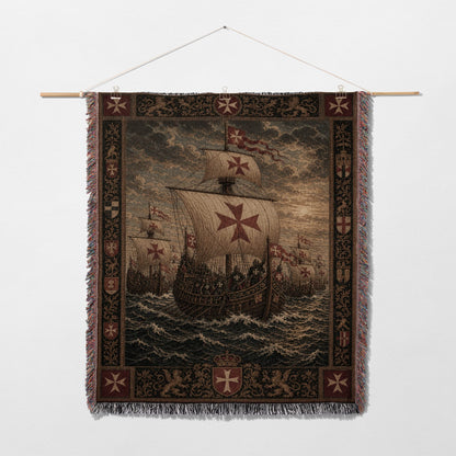 Tapestry depicting a fleet of ships with crusader crosses, set against a stormy sea.