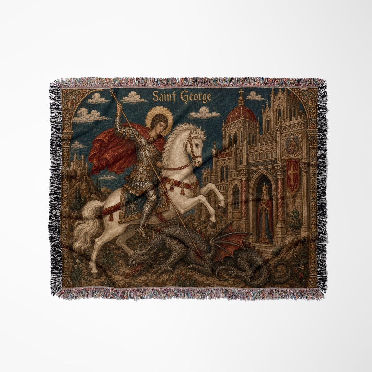 CalmNestStyle Saint George Icon at the Castle jacquard woven blanket