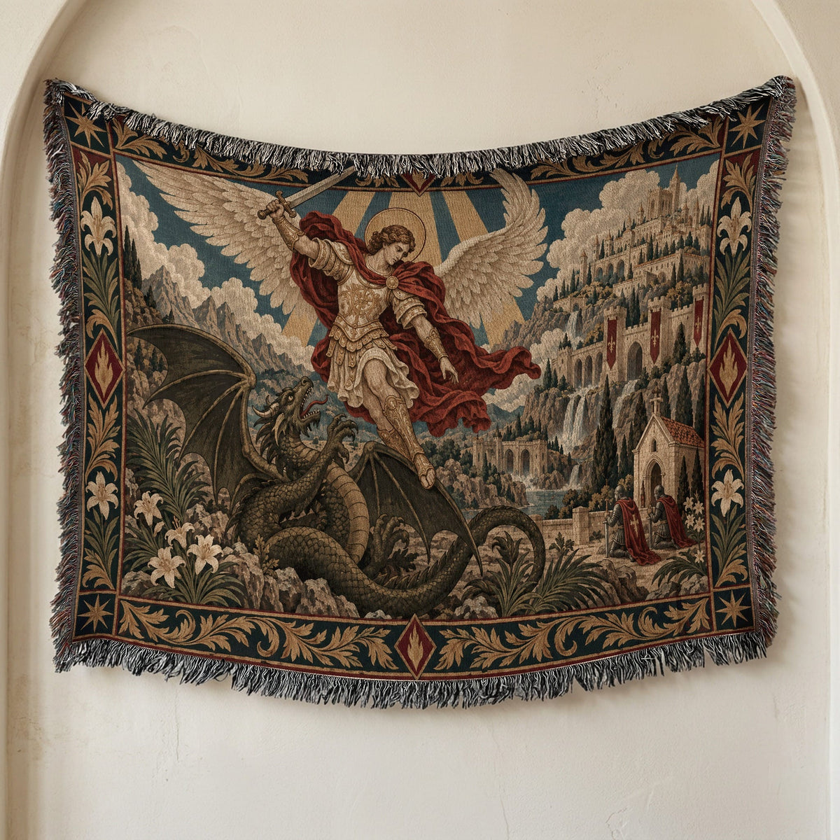 CalmNestStyle Saint Michael Defeats the Dragon jacquard woven blanket