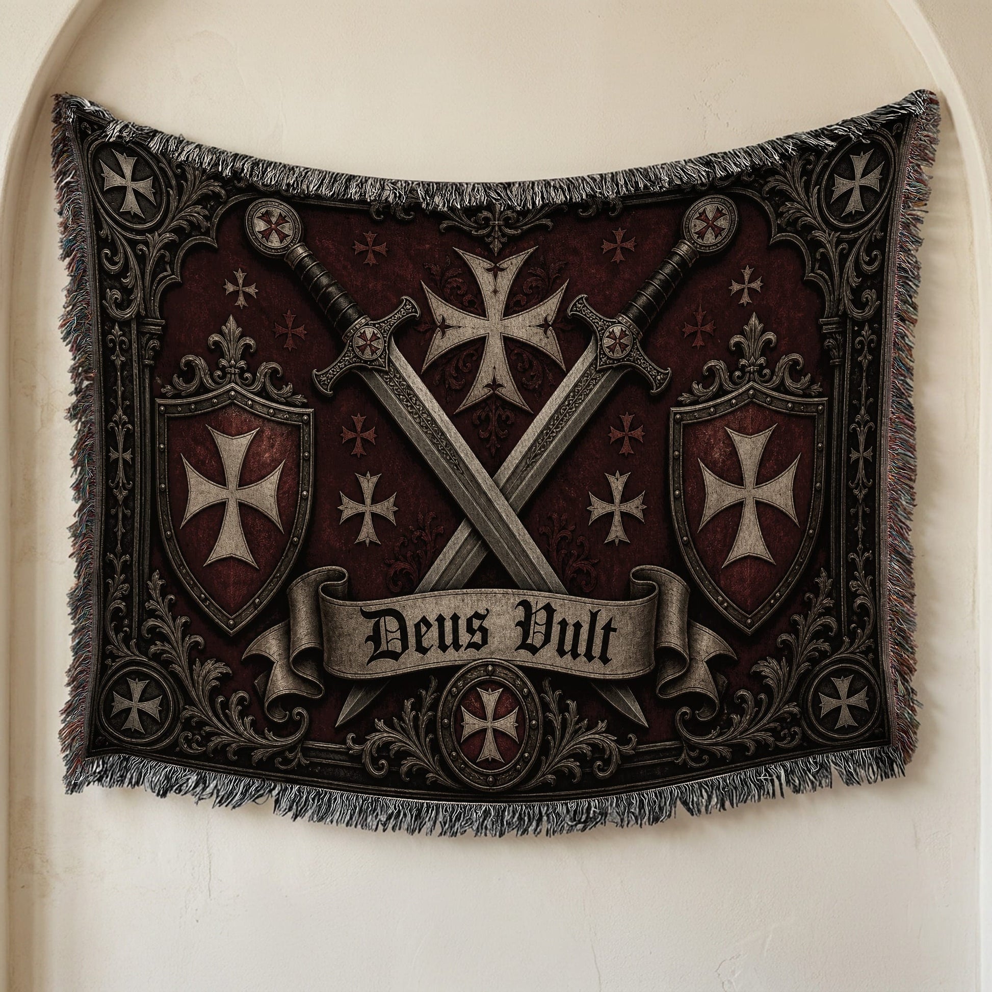 CalmNestStyle Medieval Blanket with Deus Vult Scroll – Crossed Swords Crusader Shields Woven Throw jacquard woven blanket