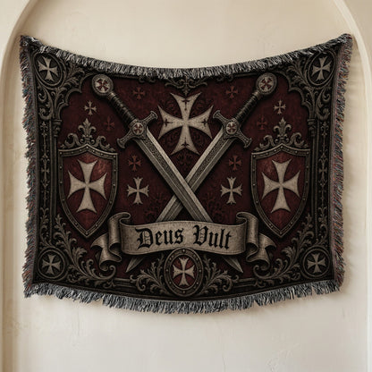 CalmNestStyle Medieval Blanket with Deus Vult Scroll – Crossed Swords Crusader Shields Woven Throw jacquard woven blanket