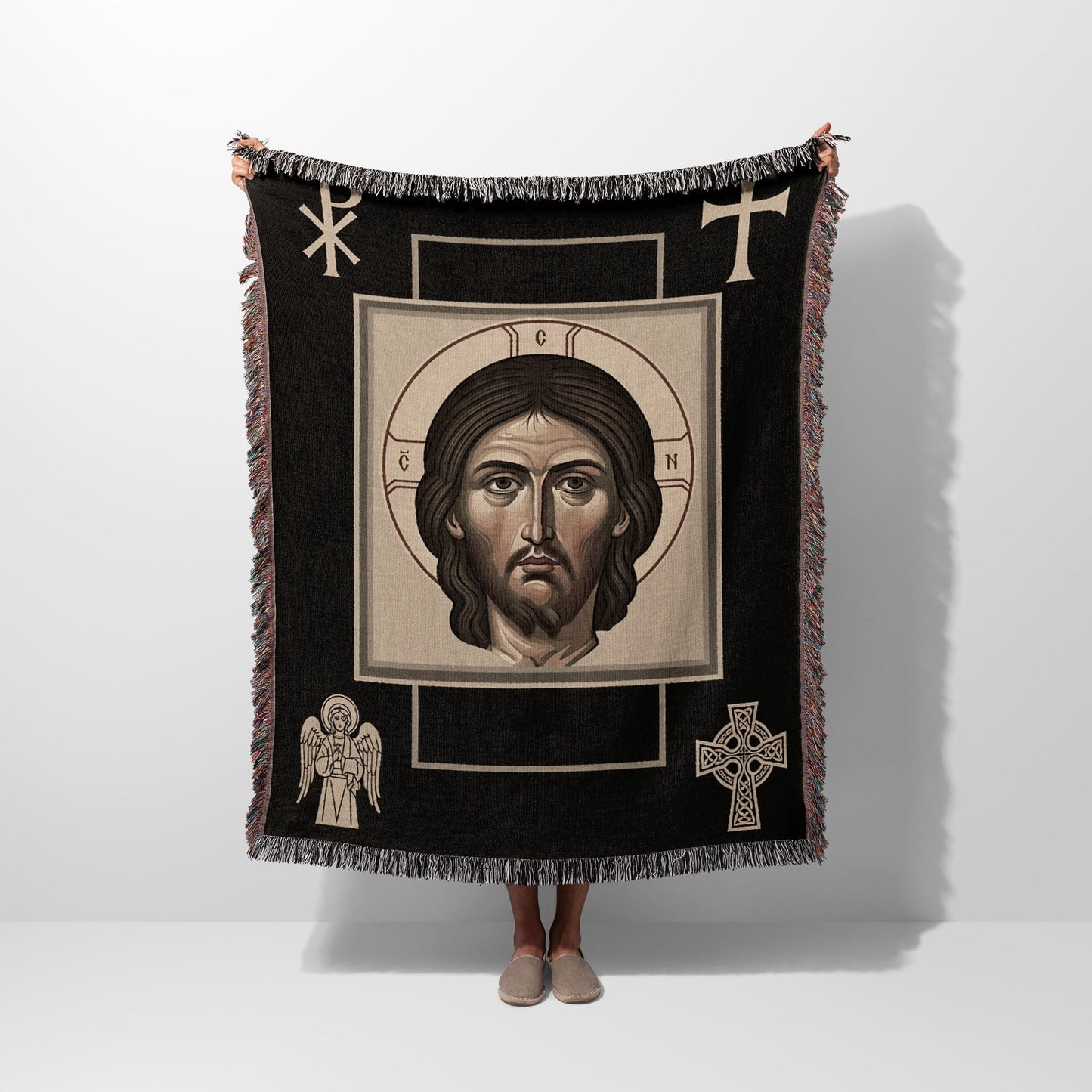 Jesus Christ icon blanket with halo, angel, and Celtic cross.
