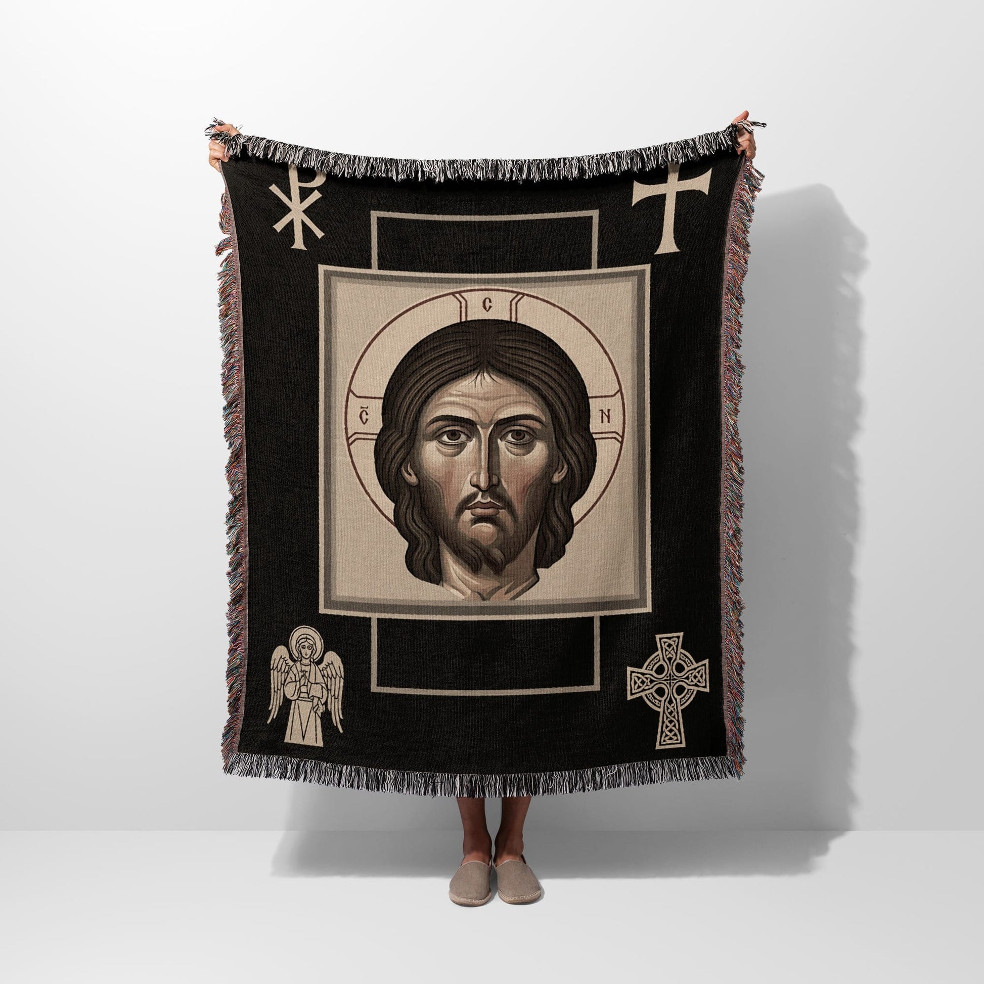 Jesus Christ icon blanket with halo, angel, and Celtic cross.