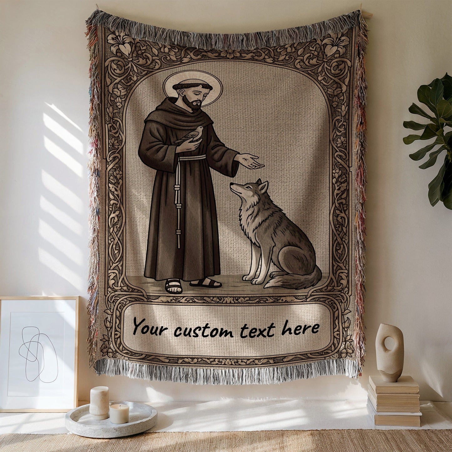 Personalized Saint Francis and Wolf Throw Blanket