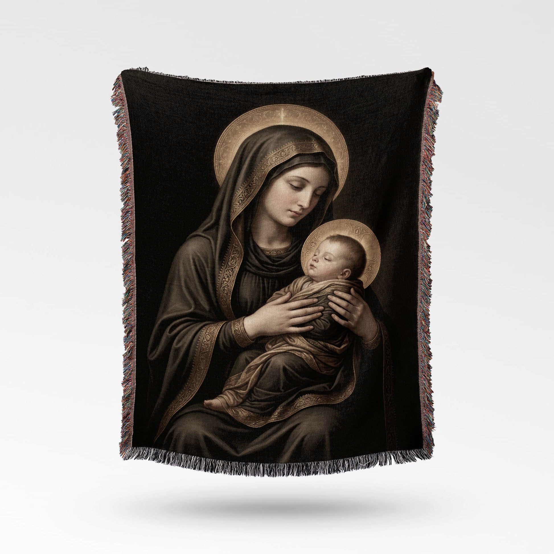 Tapestry with painting of the Virgin Mary holding the infant Jesus.
