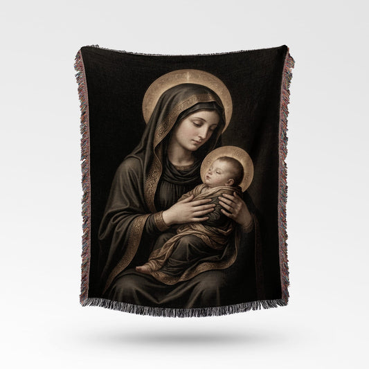 Tapestry with painting of the Virgin Mary holding the infant Jesus.