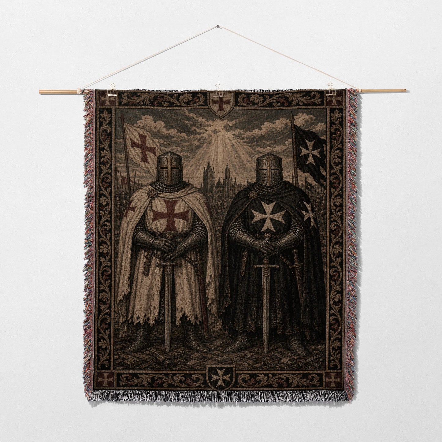 Two knights in armor stand holding swords with a cross emblem.