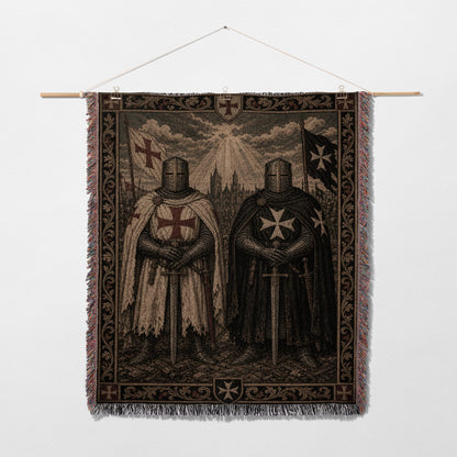 Two knights in armor stand holding swords with a cross emblem.