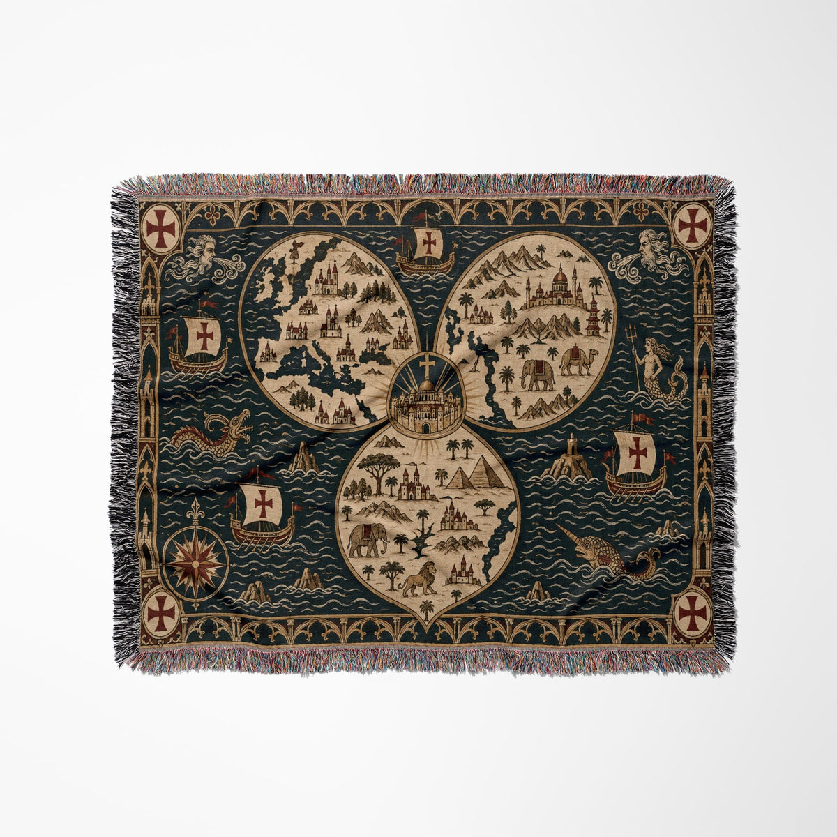 CalmNestStyle Mappa Mundi I Ships and Sea Monsters jacquard woven blanket