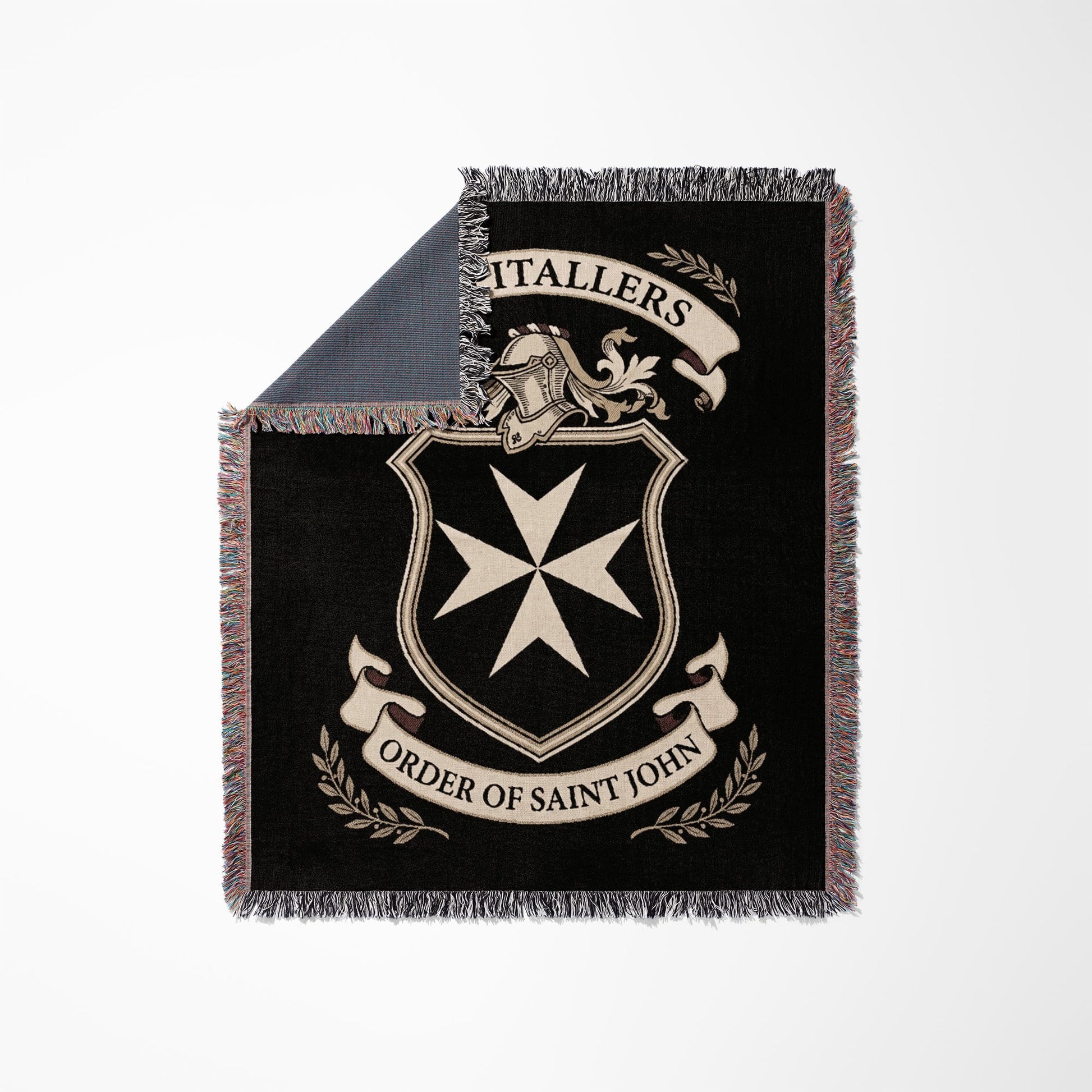 Black blanket with Order of Saint John Maltese cross crest and ribbon.
