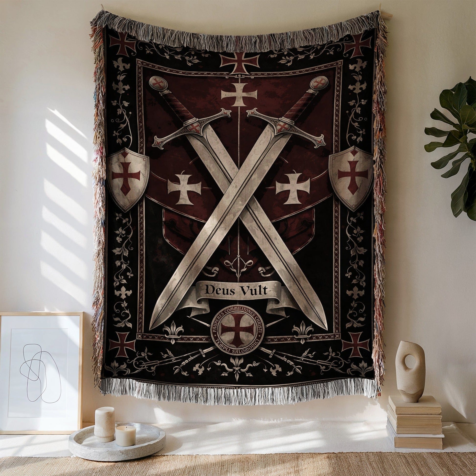 Deus Vult Tapestry with Medieval Cross and Swords