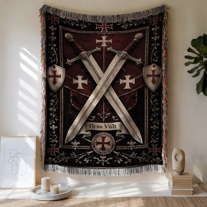 Deus Vult Tapestry with Medieval Cross and Swords