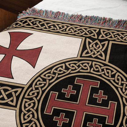 MyDesigns Medieval Tapestry Woven Throw – Saint Lazarus Green Cross & Crusader Orders Blanket jacquard woven blanket