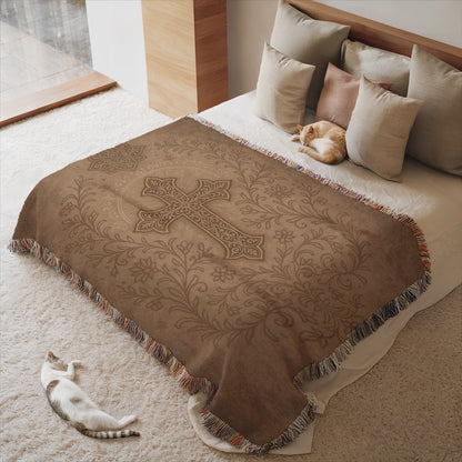 Cross Decorated Brown Fringed Blanket for Home Decor