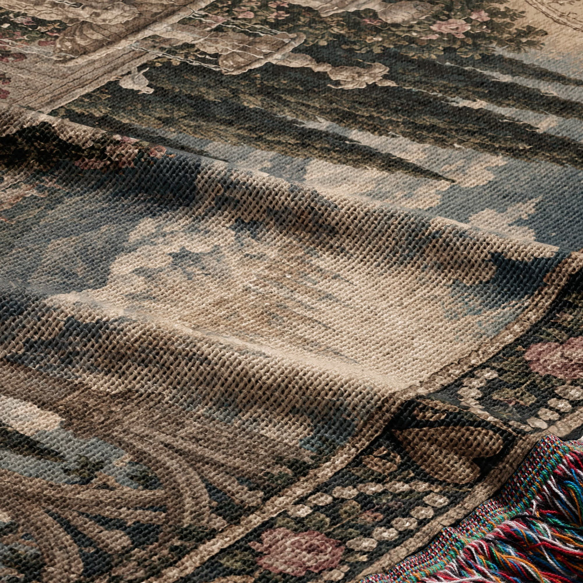 Folded tapestry featuring a detailed classical landscape design in muted tones with a fringed edge.