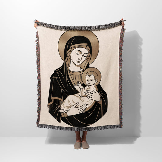 Illustration of Madonna and Child on a woven blanket held up by a person.
