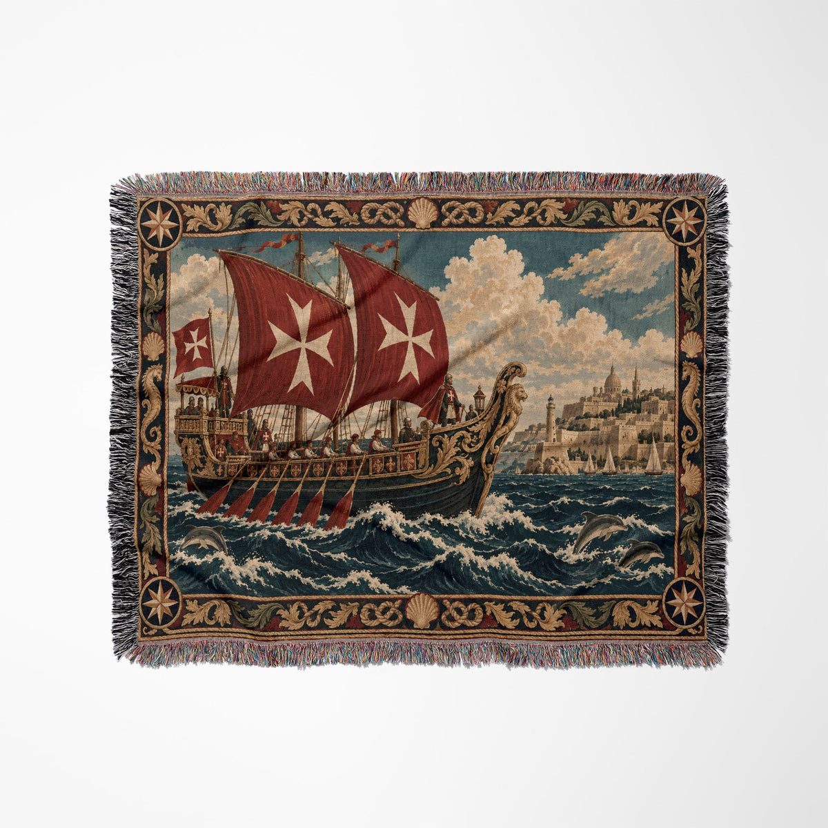CalmNestStyle Knights of Malta Galleon with Red Cross Sails Woven Blanket jacquard woven blanket