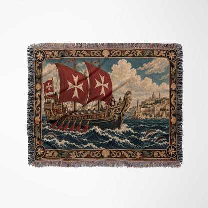 CalmNestStyle Knights of Malta Galleon with Red Cross Sails Woven Blanket jacquard woven blanket