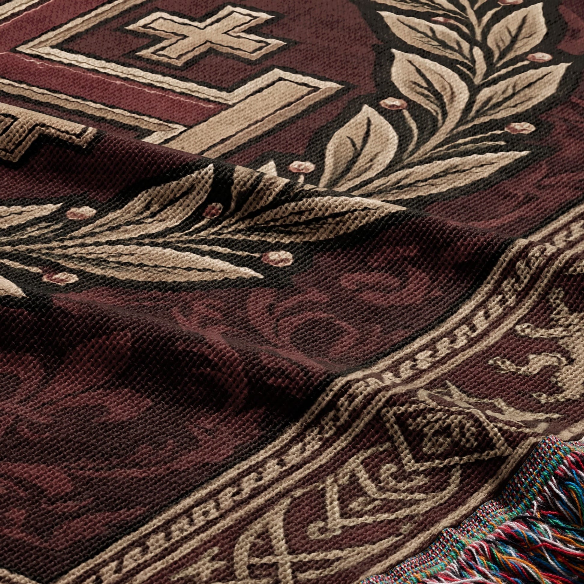 Woven throw with a cross, laurel leaves, and geometric border on dark red.