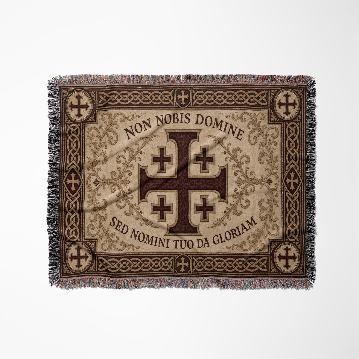 MyDesigns Medieval Tapestry Blanket – Non Nobis Domine Jerusalem Cross Woven Throw, Parchment Gold jacquard woven blanket