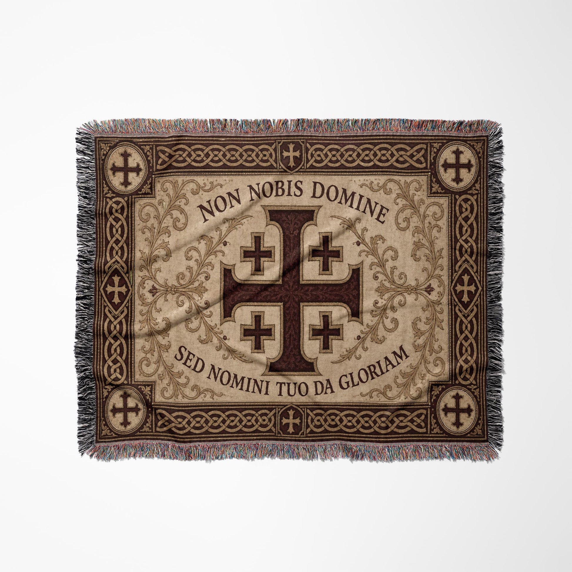 MyDesigns Medieval Tapestry Blanket – Non Nobis Domine Jerusalem Cross Woven Throw, Parchment Gold jacquard woven blanket
